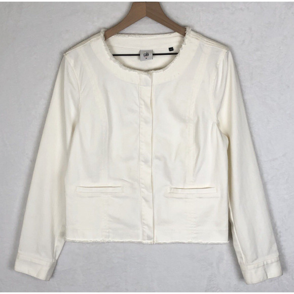 CAbi Denim Jacket Women's Sz M White Frayed Trim Snap Front Pockets Stretch - Picture 1 of 11